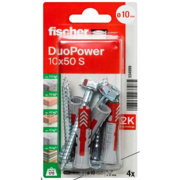 fischer DuoPower 10x50 met zeskantschroef in blister (4 stuks)